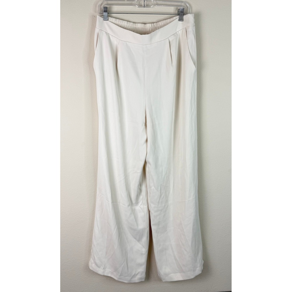 Melloday Pants Womens L Cream Wide Leg Pleated Elastic Waist Trousers